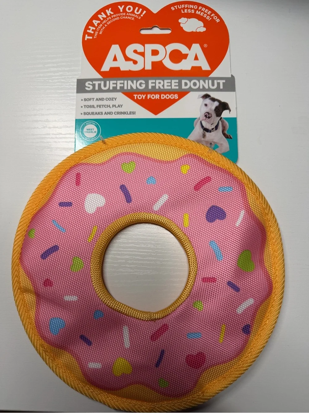 Pink Donut Dog Toy with Yellow Trim - Stuffing Free